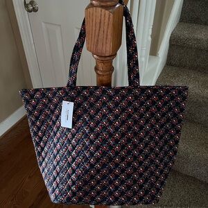 Stylish Quilted Tote Bag - Black with Multicolor Pattern